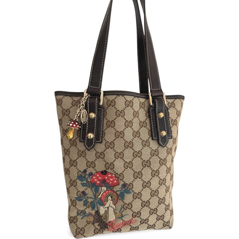 Gucci GG Canvas Mushroom Embroidered Small Tote Brown Leather Italy - Picture 2 of 14